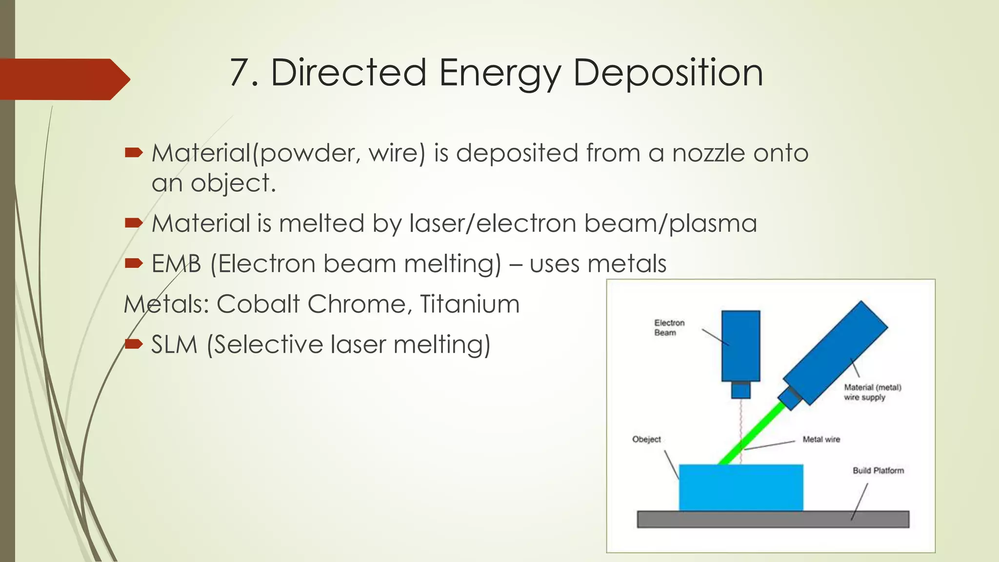 7. Directed Energy Deposition
 Material(powder, wire) is deposited from a nozzle onto
an object.
 Material is melted by laser/electron beam/plasma
 EMB (Electron beam melting) – uses metals
Metals: Cobalt Chrome, Titanium
 SLM (Selective laser melting)
 