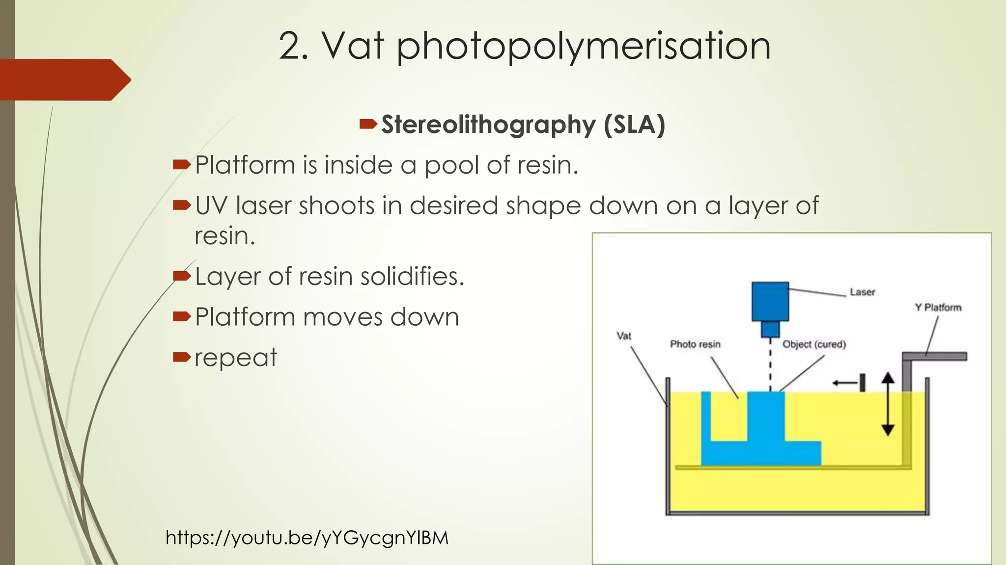 2. Vat photopolymerisation
Most common method: Stereolithography (SLA)
The printing bed is inside a pool of resin, just under the surface.
An UV laser moves and shoots down in the desired shape on a
layer of resin.
Layer of resin solidifies into a desired shape on to the bed
Platform moves down
The UV laser solidifies the next layer
Repeat
Video of SLA printing:
https://youtu.be/yYGycgnYlBM
 
