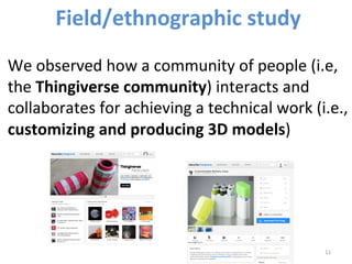 Field/ethnographic 
study 
We 
observed 
how 
a 
community 
of 
people 
(i.e, 
the 
Thingiverse 
community) 
interacts 
and 
collaborates 
for 
achieving 
a 
technical 
work 
(i.e., 
customizing 
and 
producing 
3D 
models) 
11 
 