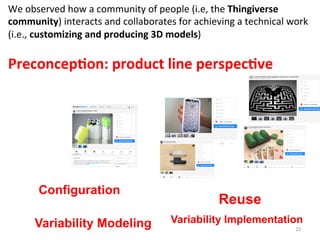 We 
observed 
how 
a 
community 
of 
people 
(i.e, 
the 
Thingiverse 
community) 
interacts 
and 
collaborates 
for 
achieving 
a 
technical 
work 
(i.e., 
customizing 
and 
producing 
3D 
models) 
Preconcep*on: 
product 
line 
perspec*ve 
Variability Modeling Variability Implementation 
22 
Configuration Reuse 
 