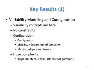 Key 
Results 
(1) 
• Variability 
Modeling 
and 
ConfiguraIon 
– Variability 
concepts 
are 
here 
– No 
constraints 
– ConfiguraIon 
• Configurator 
• Visibility 
/ 
SeparaIon 
of 
Concerns 
• Many 
configuraIon 
issues 
– Huge 
complexity 
• 38 
parameters, 
8 
tabs, 
10^28 
configuraIons 
29 
 