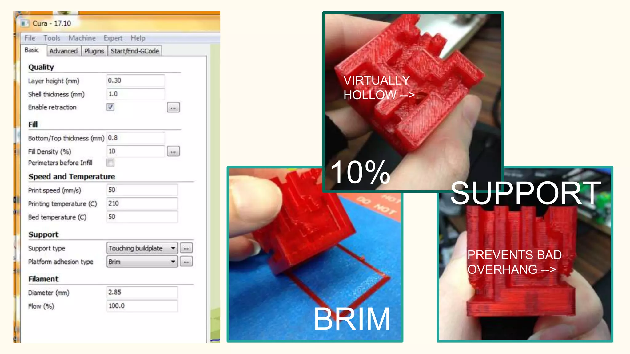 BRIM
10%
SUPPORT
VIRTUALLY
HOLLOW -->
PREVENTS BAD
OVERHANG -->
 
