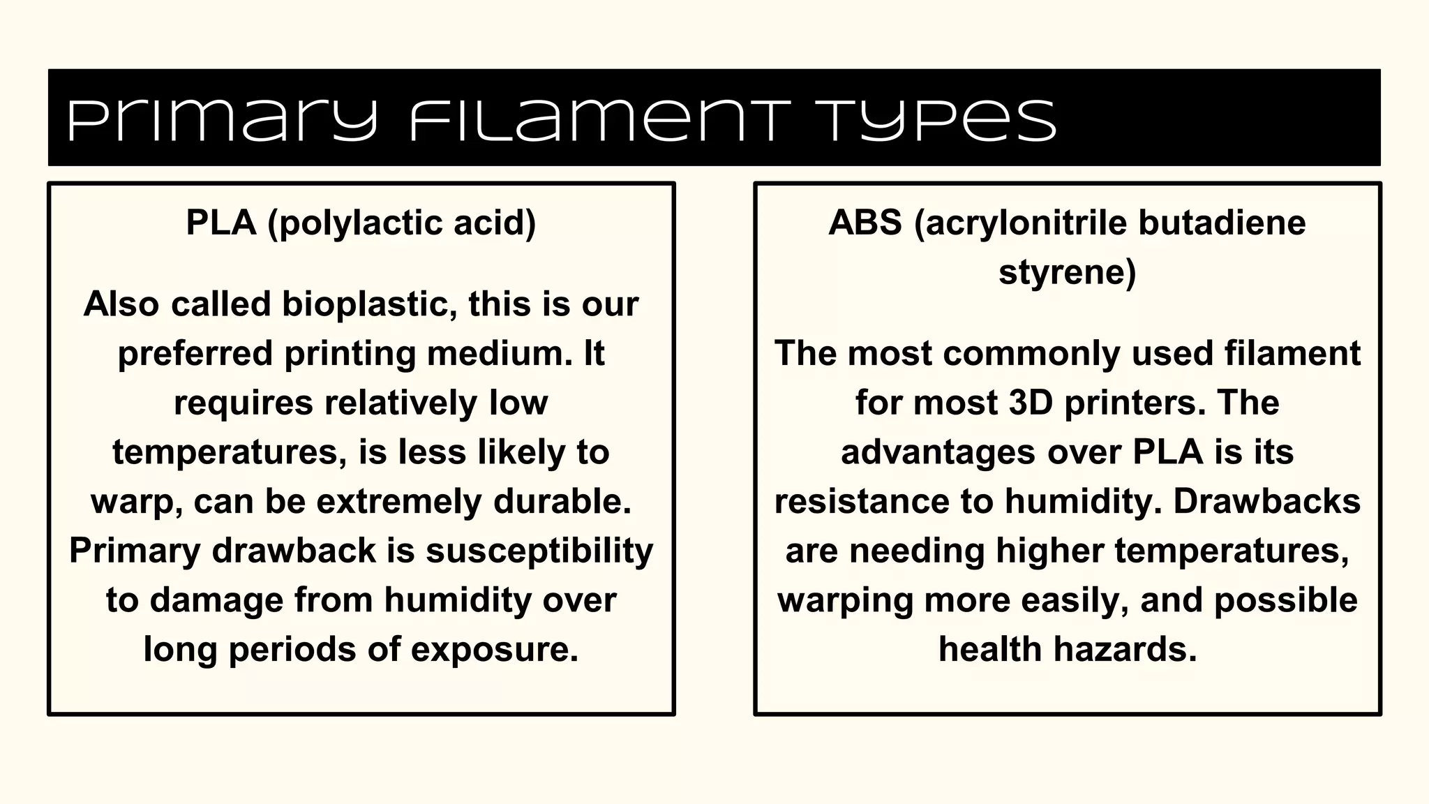Primary filament types
PLA (polylactic acid)
Also called bioplastic, this is our
preferred printing medium. It
requires relatively low
temperatures, is less likely to
warp, can be extremely durable.
Primary drawback is susceptibility
to damage from humidity over
long periods of exposure.
ABS (acrylonitrile butadiene
styrene)
The most commonly used filament
for most 3D printers. The
advantages over PLA is its
resistance to humidity. Drawbacks
are needing higher temperatures,
warping more easily, and possible
health hazards.
 