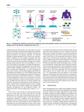 scaffolds produced with printers. The very porous structure
reduces the strength and the desired strength can't be obtained,
while the non-porous structure is not suitable. Therefore, the
desired mechanical and physical properties are achieved
through 3D printer production. Pore control is not only pro-
vided in scaffolds, but also scaffolds compatible with bone
tissue can be produced. Successful experiments have been
carried out for cell-free tissue scaffolds, cartilage, bone and skin
printing studies produced with this technology [199e206]. In
one of the studies on this subject, TE models with high bioac-
tivity have been developed with bioprinting. The study aims to
produce BC/PCL composite scaffold with a 3D printer. It has
been concluded that bioprinting is a useful technology for
many areas of health, as well as showing great potential for TE
and regenerative medicine [206]. The scaffolds produced with
AM can also repair the damaged nervous system in spinal cord
injuries that are still not successfully treated [207]. In addition
to these developments, there are many studies and many
successful experiments. Artificial tissue production instead of
joint, cartilage and skin losses due to injuries, diseases and
accidents are important developments for the healthcare in-
dustry. Artificial tissue production instead of joint, cartilage
and skin losses due to injuries, diseases and accidents are
important developments for the healthcare industry. The
classical processes of tissue engineering are shown in Fig. 13
[208].
A stem cell is a host cell that can renovate itself and grow
into one or more cells in its tissue. Stem cells can not only
differentiate into adult cells of tissue-specific stem cells, but
can also turn into unexpected cells, so they hold promise for
regenerative medicine. In addition, stem cells provide a
renewable source of cells because they are constantly growing.
Moreover, some stem cells provide an internal repair that is
they divide to renew cells during illness or injury. Thus, it plays
a role in the regeneration of all tissues and organs that are sick
or damaged. By transforming into the needed cell type; repairs
organ and tissue damage or loss due to disease, injury and
other reasons. Thanks to this feature, it is used in the treatment
of many diseases that may result in death and some types of
cancer. Stem cells can be transformed into blood or muscle
cells and can be produced by 3D printing. Thanks to the 3D
printer, adipose tissues, blood vessels using stem cells can be
produced, thus providing a deeper perspective on metabolic
diseases and potentially replacing damaged tissues. In addi-
tion, cell behaviour, environment, tissue formation and archi-
tecture can be better understood. It is also thought that it will be
used for many applications from tissue production to clinical
applications in the future. Especially with this technology,
many patients will be hopeful with stem cell production
[209e214]. Unfortunately, stem cell donation is not enough
today, and many patients die while waiting for a transplant. In
the future, it is hoped that the production of stem cells will be
done much faster and more effectively with the 3D printer, and
thus the treatment of many diseases will be much easier. Until
it makes this process much easier, please let us be a stem cell
donor to save someone's life.
3.8. Organ printing
Recent developments have enabled biocompatible materials,
cells, to be 3D printed on living tissues. Bioprinting is developed
to produce tissues and organs appropriate for organ trans-
plantation. Bioprinting includes additional complexities such
as material selection, growth and differentiation factors, cell
types, and technic difficulties living cells compared to non-
bioprinting. This technology has been applied to production
and tissues, involving multilayer heart tissue, cartilage and
bone structures. In addition, highly efficient printed tissue
models have been developed for drug discovery, toxicology and
various research. As we move towards printing complex
Fig. 12 e 3D Bioprinting; a) Bioinks are formed by combining various biocompatible materials and cultured cells; b) Various
methods used in the process; c) Applications areas [198].
j o u r n a l o f m a t e r i a l s r e s e a r c h a n d t e c h n o l o g y 2 0 2 1 ; 1 4 : 1 4 3 0 e1 4 5 0
1440
 