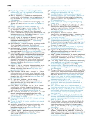 [7] Vayre B, Vignat F, Villeneuve F. Designing for additive
manufacturing. 45th CIRP conference on manufacturing
systems. 2012. 2012. p. 632e7.
[8] Horn TJ, Harrysson OLA. Overview of current additive
manufacturing technologies and selected applications. Sci
Prog 2012;95:255e82. https://doi.org/10.3184/003685012x
13420984463047.
[9] Pinkerton AJ. Lasers in additive manufacturing. Opt Laser
Technol 2015;78:25e32. https://doi.org/10.1007/s40684-017-
0037-7.
[10] Horvath J. Mastering 3D printing, California. 2014.
[11] Squelch A. 3D printing and medical imaging. J Med Radiat
Sci 2018;65:171e2. https://doi.org/10.1002/jmrs.300.
[12] Marro A, Bandukwala T, Mak W. Three-dimensional
printing and medical imaging: a review of the methods and
applications. Curr Probl Diagn Radiol 2016;45:2e9. https://
doi.org/10.1067/j.cpradiol.2015.07.009.
[13] Bücking TM, Hill ER, Robertson JL, Maneas E, Plumb AA,
Nikitichev DI. From medical imaging data to 3D printed
anatomical models. PloS One 2017;12. https://doi.org/
10.1371/journal.pone.0178540.
[14] Shah S, Chong B, Chong S. 3D imaging, 3d printing and 3D
virtual planning in endodontics. Clin Oral Invest
2018;22:641e54. https://doi.org/10.1007/s00784-018-2338-9.
[15] Jammalamadaka U, Tappa K. Recent advances in
biomaterials for 3D printing and tissue engineering. J Funct
Biomater 2018;9:22. https://doi.org/10.3390/jfb9010022.
[16] Patra S, Young V. A review of 3d printing techniques and the
future in biofabrication of bioprinted tissue. Cell Biochem
Biophys 2016;74:93e8. https://doi.org/10.3390/jfb9010022.
[17] Esmaeili S, Shahali M, Kordjamshidi A, Torkpoor Z,
Namdari F, Samandari SS, et al. An artificial blood vessel
fabricated by 3D printing for pharmaceutical application.
Nanomed J 2019;6:183e94. https://doi.org/10.22038/
NMJ.2019.06.00005.
[18] Oliveira TT, Reis AC. Fabrication of dental implants by the
additive manufacturing method: a systematic review. J
Prosthet Dent 2019;122:270e4. https://doi.org/10.1016/
j.prosdent.2019.01.018.
[19] Chen J, Zhang Z, Chen X, Zhang C, Zhang G, Xu Z. Design
and manufacture of customized dental implants by using
reverse engineering and selective laser melting technology.
J Prosthet Dent 2014;112:1088e95. https://doi.org/10.1016/
j.prosdent.2019.01.018.
[20] An Y, Jin, Plott J, Wensman J, Shih A. Additive
manufacturing of custom orthoses and prostheses e a
review. Procedia CIRP 2015;36:199e204. https://doi.org/
10.1016/j.procir.2015.02.125.
[21] Gao C, Wang C, Jin H, Wang Z, Li Z, Shi C, et al. Additive
manufacturing technique-designed metallic porous
implants for clinical application in orthopedics. RSC Adv
2018:25210e27. https://doi.org/10.1039/C8RA04815K.
[22] Miao S, Castro N, Nowicki M, Xia L, Cui H, Zhou X, et al. 4D
printing of polymeric materials for tissue and organ
regeneration. Mater Today 2017;20:557e91. https://doi.org/
10.1016/j.mattod.2017.06.005.
[23] Ringeissen BR, Spargo BJ, Wu PK. Cell and organ printing,
U.S.A. 2010.
[24] Thomas DJ, Singh D. 3d printing in medicine and surgery,
Philadelphia. 2019.
[25] Schubert C, Langeveld MC, Donoso LA. Innovations in 3D
printing: a 3D overview from optics to organs. Br J
Ophthalmol 2014;98:159e61. https://doi.org/10.1136/
bjophthalmol-2013-304446.
[26] Karayel E, Bozkurt Y. Additive manufacturing method and
different welding applications. J Mater Res Technol
2020;9:11424e111438. https://doi.org/10.1016/
j.jmrt.2020.08.039.
[27] Niaki MK, Nanino F. The management of additive
manufacturing, Birmingham, U.K. 2017.
[28] Bourell D, Campbell I. Additive manufacturing: rapid
prototyping comes of ages. Rapid Prototyp J 2004;10:7e10.
[29] Sürmen HK. Additive manufacturing technologies and
applications. J Uluda
g Univ Eng 2019;24. https://doi.org/
10.17482/uumfd.519147.
[30] Kloski LW, Kloski N. Getting starting with 3D printing,
Canada. 2016.
[31] Quan Z, Wu A, Keefe M, Qin X, Yu J, Suhr J, et al. Additive
manufacturing of multi-directional preforms for
composites: opportunities and challenges. Mater Today
2015;18:503e11. https://doi.org/10.1016/
j.mattod.2015.05.001.
[32] Huang SH, Liu P, Mokasdar A, Hou L. Additive
manufacturing and its societal impact: a literature review.
Int J Manuf Technol 2012;67:1191e203. https://doi.org/
10.1007/s0017-012-4558-5.
[33] Rybicki FJ, Grant GT. 3D printing in medicine a practical
guide for medical professionals, Canada. 2017.
[34] 3D Models. Humeros bone produced by 3d printing. https://
www.free3d.com/tr/3d-model- humerus-bone-4370.html.
[Accessed 25 August 2020].
[35] Hu J. Study on STL-based slicing process for 3d printing.
Solid freeform fabrication symposium. 2017.
[36] Segerman H. 3D printing for mathematical visualization.
Mathematical Entertainments 2012;34:56e62. https://
doi.org/10.1007/s00283-012-9319-7.
[37] Hager I, Golonka A, Putanowicz R. 3D printing of buildings
and building components as the future of sustainable
construction. Procedia Eng 2016;151:292e9. https://doi.org/
10.1016/j.proeng.2016.07.357.
[38] 5 vital things to know about STL file format in 3D printing.
https://www.cmac.com.au/blog/5-vital-things-about-stl-
file-format-3d-printing. [Accessed 1 June 2021].
[39] Bhushan J, Grover V. Additive manufacturing: current
concepts, methods, and applications in oral health care.
2019. Switzerland.
[40] Thompson MK, Moroni G, Vaneker T, Fadel G, Campbell IR,
Gibson L, et al. Design for additive manufacturing: trends,
opportunities, considerations, and constraints. CIRP Ann
2016;65:737e60. https://doi.org/10.1016/j.cirp.2016.05.004.
[41] Attaran A. The rise of 3D printing: the advantages of
additive manufacturing over traditional manufacturing.
Business Horizon 2017;60:677e88.
[42] Redwood B, Sch€
offer F, Garret B. The 3D handbook
technologies, design and applications. Amsterdam: 3D
HUBS; 2017.
[43] Han T, Kundu S, Nag A, Xu Y. 3D printed sensors for
biomedical applications: a review. Sensors 2019;19(7):1706.
[44] Kong D, Ni X, Dong C, Lei X, Zhang L, Man C, et al. Bio-
functional and anti-corrosive 3D printing 316L stainless
steel fabricated by selective laser melting. Mater Des
2018;152:88e101.
[45] Baek SW, Song EJ, Kim JH, Jung M, Baek UB, Nahm HS.
Hydrogen embrittlement of 3-D printing manufactured
austenitic stainless steel part for hydrogen service. Scr
Mater 2017;130:87e90.
[46] Tunchel S, Blay A, Kolerman R, Mijiritsky E, Shibli JA. 3D
printing/additive manufacturing single titanium dental
implants a prospective multicenter study with 3 years
follow up. Int J Dent 2016;6:1e9. https://doi.org/10.1155/
2016/8590971.
[47] Popov VV, Kamskii GM, Kovalevsky A, Dzhenzhera G,
Strokin E, Kolomiets A, et al. Design and 3D printing of
titanium bone implants brief review approach and clinical
cases. Biomed Eng Lett 2018;8(4):337e44. https://doi.org/
10.1007/s13534-018-0080-5.
j o u r n a l o f m a t e r i a l s r e s e a r c h a n d t e c h n o l o g y 2 0 2 1 ; 1 4 : 1 4 3 0 e1 4 5 0
1444
 