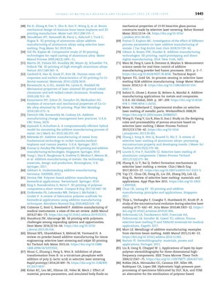 [48] Pei X, Zhang B, Fan Y, Zhu X, Sun Y, Wang Q, et al. Bionic
mechanical design of titanium bone tissue implants and 3D
printing manufacture. Mater Lett 2017;208:133e7.
[49] Aboulkhair NT, Simonelli M, Parry L, Ashcroft I, Tuck C,
Hague R. 3D printing of aluminium alloys additive
manufacturing of aluminium alloys using selective laser
melting. Prog Mater Sci 2019;106.
[50] Gill SS, Kaplas M. Comparative study of 3D printing
technologies for rapid casting of aluminium alloy. Mater
Manuf Process 2009;24(12):1405e11.
[51] Martin JH, Yahata BD, Hundley JM, Mayer AJ, Schaedler TA,
Pollock TM. 3D printing of high-strength aluminium alloys.
Nature 2017;549:365e9.
[52] Ganbold B, Heo SJ, Koak JY, Kim SK. Human stem cell
responses and surface characteristics of 3D printing Co-Cr
dental material. Materials 2019;12(20):3419.
[53] Barazanchi A, Li KC, Amleh BA, Lyons K, Waddell NJ.
Mechanical properties of laser sintered 3D-printed cobalt
chromium and soft-milled cobalt chromium. Prosthesis
2020;2(4):313e20.
[54] Kazantseva NV, Ezhov JV, Davydov DI, Merkushev AG.
Analysis of structure and mechanical properties of Co-Cr-
Mo alloy obtained by 3D printing. Phys Met Metallogr
2019;120:1172e9.
[55] Dietrich DM, Kenworthy M, Cudney EA. Additive
manufacturing change management best practices. U.S.A:
CRC Press; 2019.
[56] Jayanath S, Achuthan A. A computationally efficient hybrid
model for simulating the additive manufacturing process of
metal. Int J Mech Sci 2019;160:255e69.
[57] Milewski JO. Additive manufacturing of metal from
fundamental technology to rocket nozzles,medical
implants and custom jewelry. U.S.A: Springer; 2017.
[58] Kumar LJ, Pandey PM, Wimpenny DI. 3D printing and additive
manufacturing technologies. Singapore: Springer; 2019.
[59] Yang L, Hsu K, Baughman B, Godfrey D, Medina F, Menon M,
et al. Additive manufacturing of metals: the technology,
materials, design and production. Birmingham, U.K:
Springer; 2017.
[60] Gebhart A. Understanding additive manufacturing.
Germany: HANSER; 2012.
[61] Devine DM. Polymer-based additive manufacturing
biomedical applications. Switzerland: Springer; 2019.
[62] Sing S, Ramakrishna S, Berto F. 3D printing of polymer
composites:a short review. Compos B Eng 2017;42:442e58.
[63] Ziolkowska PS, Labowska MB, Detyna J, Michalak I,
Gruber P. A review of fabrication polymer scaffolds for
biomedical applications using additive manufacturing
techniques. Biocybern Biomed Eng 2020;40(2):624e38.
[64] Culmone C, Smit G, Breedveld P. Additive manufacturing of
medical instruments: a state-of-the-art review. Addit Manuf
2019;27:461e73. https://doi.org/10.1016/j.addma.2019.03.015.
[65] Stansbury JW, Idacavage MJ. 3d printing with polymers:
challenges among expanding options and opportunities.
Dent Mater 2016;32:54e64. https://doi.org/10.1016/
j.dental.2015.09.018.
[66] Shirazi SFS, Gharehkhani S, Mehrali M, Yarmand H. A
review on powder-based additive manufacturing for tissue
engineering: selective laser sintering and inkjet 3D printing.
Sci Technol Adv Mater 2015;16. https://doi.org/10.1088/
1468-6996/16/3/033502.
[67] Shuai C, Zhuang J, Peng S, Wen X. Inhibition of phase
transformation from ß- to a-tricalcium phosphate with
addition of poly (L-lactic acid) in selective laser sintering.
Rapid prototyp J 2014;20:369e76. https://doi.org/10.1108/RPJ-
03-2013-0037.
[68] Kolan KC, Leu MC, Hilmas GE, Velez M, Mech J. Effect of
material, process parameters, and simulated body fluids on
mechanical properties of 13-93 bioactive glass porous
constructs made by selective laser sintering. Behav Biomed
Mater 2012;13:14e24. https://doi.org/10.1016/
j.jmbbm.2012.04.001.
[69] Poyraz €
O, Kus
‚han MC. Investigation of the effect of different
process parameters on laser additive manufacturing of
metals. J Fac Eng Archit Gazi Univ 2018;33:729e42.
[70] Gibson A, Rosen DW, Stucker B. Additive manufacturing
technologies: 3D printing, rapid prototyping and direct
digital manufacturing. 2014. New York, ABD.
[71] Mani M, Feng S, Lane B, Donmez A, Moylan S. Measurement
science needs for real-time control of additive
manufacturing powder bed fusion processes. 2015. p. 2e7.
https://doi.org/10.6028/NIST.IR.8036. Technical Report.
[72] Spears TG, Gold SA. In-process sensing in selective laser
melting SLM additive manufacturing. Integr Mater Manuf
Innov 2016;5:2e8. https://doi.org/10.1186/s40192-016-
0045-4.
[73] Sahini D, Ghose J, Kumar SJ, Behera A, Mandal A. Additive
manufacturing applications for metals and composites.
U.S.A: IGI Global; 2020. p. 187e209. https://doi.org/10.4018/
978-1-7998-4054-1.ch010.
[74] Meier H, Haberland C. Experimental studies on selective
laser melting of metallic parts. Werkstofftech 2008;39.
https://doi.org/10.1002/mawe.200800327.
[75] Wang D, Yang Y, Liu R, Xiao D, Sun J. Study on the designing
rules and processability of porous structure based on
selective laser melting. J Mater Process Technol
2013;213:1734e42. https://doi.org/10.1016/
j.jmatprotec.2013.05.001.
[76] Zhang J, Song B, Wei Q, Bourell D, Shi Y. A review of
selective laser melting of aluminium alloys: processing
microstructure property and developing trends. J Mater Sci
Technol 2019;35(2):270e84.
[77] Louvis E, Fox P, Sutcliffe CJ. Selective laser melting of
aluminium components. J Mater Process Technol
2011;211(2):275e84.
[78] Zhang B, Li Y, Bai Q. Defect formation mechanisms in
selective laser melting: a review. Chin J Mech Eng
2017;30:515e27. https://doi.org/10.1007/s10033-017-0121-5.
[79] Yap CY, Chua CK, Dong ZL, Liu ZH, Zhang DQ, Loh LE,
Sing SL. Review of selective laser melting: materials and
applications. Appl Phys Rev 2015. https://doi.org/10.1063/
1.4935926.
[80] Chus CK, Leong KF. 3D printing and additive
manufacturing: principles and applications, Singapore.
2017.
[81] Thijs L, Verhaeghe F, Craeghs T, Humbeeck JV, Kruth JP. A
study of the microstructural evolution during selective laser
melting of Tie6Ale4V. Acta Mater 2010;48:3303e12. https://
doi.org/10.1016/j.actamat.2010.02.004.
[82] Dobrz
anski LA, Danikiewicz ADD, Franczak AA,
Dobrz
anski LB, Szindler M, Gawel TG, editors. Porous
selective laser melting Ti and Ti6AL4V materials for medical
applications, Zagreb; 2017.
[83] Murr LE. Metallurgy of additive manufacturing: examples
from electron beam melting. Addit Manuf 2015;15:40e53.
https://doi.org/10.1016/j.addma.2014.12.002.
[84] Bartolo PJ. Stereolithography: materials, proses and
applications, Portugal. 2011.
[85] Liu B, Gong X, Chappel W. J, Applications of layer-by-layer
polymer stereolithography for three-dimensional high-
frequency components. IEEE Trans Microw Theor Tech
2004;52:2567e75. https://doi.org/10.1109/TMTT.2004.837165.
[86] Robles JALA, Hernandez CC, Cavazos JOF, Siller HR,
Rodriquez CA, Lopez JIM. Hydrostatic high-pressure post-
processing of specimens fabricated by DLP, SLA, and FDM:
an alternative for the sterilization of polymer-based
j o u r n a l o f m a t e r i a l s r e s e a r c h a n d t e c h n o l o g y 2 0 2 1 ; 1 4 : 1 4 3 0 e1 4 5 0 1445
 