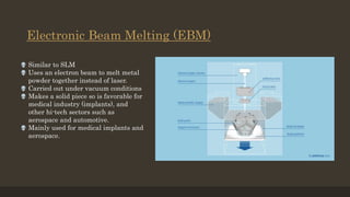 Electronic Beam Melting (EBM)
 Similar to SLM
 Uses an electron beam to melt metal
powder together instead of laser.
 Carried out under vacuum conditions
 Makes a solid piece so is favorable for
medical industry (implants), and
other hi-tech sectors such as
aerospace and automotive.
 Mainly used for medical implants and
aerospace.
 