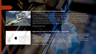 Israeli Air Force Begins Using 3D Printing Technology
A number of militaries around the world have recently began researching the role 3D
printing could potentially have within everyday requirements such as replacement parts.
The Israeli Air Force (IAF) has recently announced joining the fray with the purchase of an
industrial-scale 3D printer from a US 3D printer manufacturer. The IAF is seeking to produce
a number of aircraft and unmanned aerial vehicles (UAV) components via 3D printing.
They will begin by printing plastic-based 3D prints up to a meter in length, but plan to
switch over to metal parts in coming stages of implementation.
Source(s): 3Ders.org
Apple Files for Patent on Handheld 3D Scanning Stylist
Tech giant Apple was issued a patent last week, entitled Texture Capture Stylus and
Method, for a new type of stylus which can capture 3D data of objects for possible
creation of 3D printable models. In other words, the stylus acts as a sort of 3D
scanner, with the tip transmitting light onto a surface to act as a lens for a camera
or image capturing device. The patent was originally filed in early 2014, and signals
a potential entry point into the 3D printing word for the tech company.
Source(s): 3DPrint.com
 