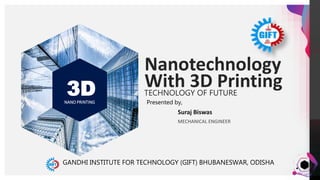 JensMartensson
Nanotechnology
With 3D PrintingTECHNOLOGY OF FUTURE3DNANO PRINTING Presented by,
Suraj Biswas
MECHANICAL ENGINEER
GANDHI INSTITUTE FOR TECHNOLOGY (GIFT) BHUBANESWAR, ODISHA
 