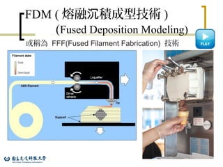 FDM ( 熔融 積成型技術沉 )
(Fused Deposition Modeling)
16
或稱為 FFF(Fused Filament Fabrication) 技術
 