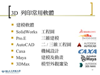 3D 列印常用軟體
 建模軟體
60
 SolidWorks 工程圖
 Pro.E 三維建模
 AutoCAD 二 / 三維工程圖
 Caxa 機械設計
 Maya 建模及動畫
 3DMax 模型外觀 染渲
 