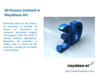 3D Process Involved in 
Mayabious Art 
Animation refers to the process 
of animating or creating an 
illusion of movement of 
computer generated imagery 
and graphics with the help of 
various software applications. 
Nowadays, 3D animation is 
widely used in almost all the 
industries; though 2D animation 
is not obsolete. 
http://www.mayabious.com 
 