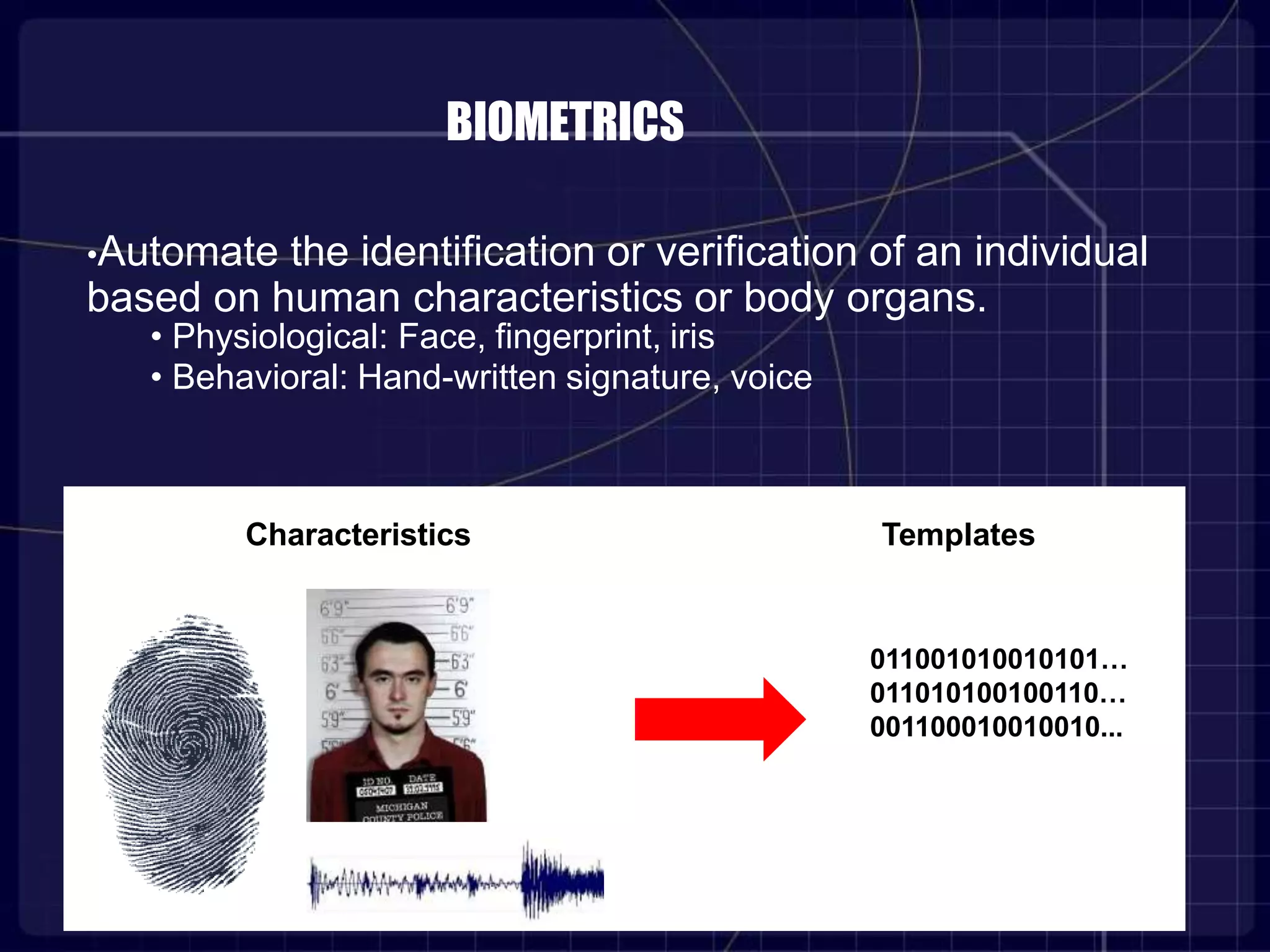 BIOMETRICS
•Automate the identification or verification of an individual
based on human characteristics or body organs.
• Physiological: Face, fingerprint, iris
• Behavioral: Hand-written signature, voice
Characteristics Templates
011001010010101…
011010100100110…
001100010010010...
 