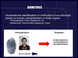 BIOMETRICS
•Automate the identification or verification of an individual
based on human characteristics or body organs.
• Physiological: Face, fingerprint, iris
• Behavioral: Hand-written signature, voice
Characteristics Templates
011001010010101…
011010100100110…
001100010010010...
 