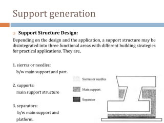 Support generation
 Support Structure Design:
Depending on the design and the application, a support structure may be
disintegrated into three functional areas with different building strategies
for practical applications. They are,
1. sierras or needles:
b/w main support and part.
2. supports:
main support structure
3. separators:
b/w main support and
platform.
 