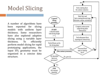 Model Slicing
A number of algorithms have
been reported for slicing
models with uniform layer
thickness. Some researchers
have also explored adaptive
slicing using a variable layer
thickness. To efficiently
perform model slicing for rapid
prototyping applications, the
input STL geometry must be
organized in a concise data
structure.
 