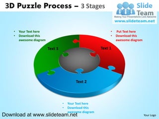 3D Puzzle Process – 3 Stages


    •   Your Text here                                        •   Put Text here
    •   Download this                                         •   Download this
        awesome diagram                                           awesome diagram

                          Text 3                         Text 1




                                           Text 2



                                   •   Your Text here
                                   •   Download this
                                       awesome diagram
Download at www.slideteam.net                                                       Your Logo
 