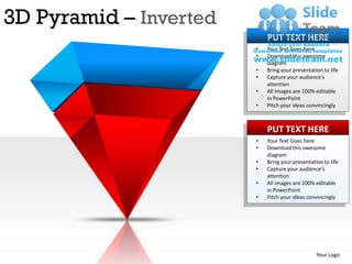 3D Pyramid – Inverted
                            PUT TEXT HERE
                        •   Your Text Goes here
                        •   Download this awesome
                            diagram
                        •   Bring your presentation to life
                        •   Capture your audience’s
                            attention
                        •   All images are 100% editable
                            in PowerPoint
                        •   Pitch your ideas convincingly



                            PUT TEXT HERE
                        •   Your Text Goes here
                        •   Download this awesome
                            diagram
                        •   Bring your presentation to life
                        •   Capture your audience’s
                            attention
                        •   All images are 100% editable
                            in PowerPoint
                        •   Pitch your ideas convincingly




                                                 Your Logo
 