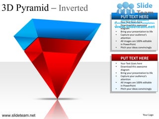 3D Pyramid – Inverted
                            PUT TEXT HERE
                        •   Your Text Goes here
                        •   Download this awesome
                            diagram
                        •   Bring your presentation to life
                        •   Capture your audience’s
                            attention
                        •   All images are 100% editable
                            in PowerPoint
                        •   Pitch your ideas convincingly



                            PUT TEXT HERE
                        •   Your Text Goes here
                        •   Download this awesome
                            diagram
                        •   Bring your presentation to life
                        •   Capture your audience’s
                            attention
                        •   All images are 100% editable
                            in PowerPoint
                        •   Pitch your ideas convincingly




www.slideteam.net                                Your Logo
 