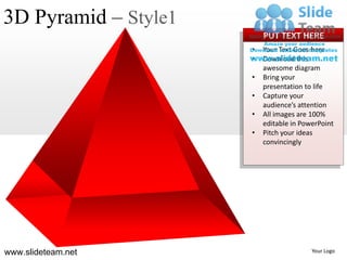 3D Pyramid – Style1
                          PUT TEXT HERE
                      •   Your Text Goes here
                      •   Download this
                          awesome diagram
                      •   Bring your
                          presentation to life
                      •   Capture your
                          audience’s attention
                      •   All images are 100%
                          editable in PowerPoint
                      •   Pitch your ideas
                          convincingly




www.slideteam.net                        Your Logo
 