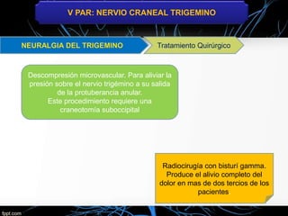 V PAR: NERVIO CRANEAL TRIGEMINO
Tratamiento Quirúrgico
Descompresión microvascular. Para aliviar la
presión sobre el nervio trigémino a su salida
de la protuberancia anular.
Este procedimiento requiere una
craneotomía suboccipital
Radiocirugía con bisturí gamma.
Produce el alivio completo del
dolor en mas de dos tercios de los
pacientes.
 