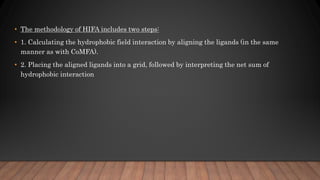 • The methodology of HIFA includes two steps:
• 1. Calculating the hydrophobic field interaction by aligning the ligands (in the same
manner as with CoMFA).
• 2. Placing the aligned ligands into a grid, followed by interpreting the net sum of
hydrophobic interaction
 