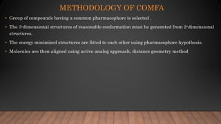 METHODOLOGY OF COMFA
• Group of compounds having a common pharmacophore is selected .
• The 3-dimensional structures of reasonable conformation must be generated from 2-dimensional
structures.
• The energy minimized structures are fitted to each other using pharmacophore hypothesis.
• Molecules are then aligned using active analog approach, distance geometry method
 