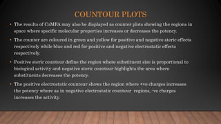 COUNTOUR PLOTS
• The results of CoMFA may also be displayed as counter plots showing the regions in
space where specific molecular properties increases or decreases the potency.
• The counter are coloured in green and yellow for positive and negative steric effects
respectively while blue and red for positive and negative electrostatic effects
respectively.
• Positive steric countour define the region where substituent size is proportional to
biological activity and negative steric countour highlights the area where
substituents decreases the potency.
• The positive electrostatic countour shows the region where +ve charges increases
the potency where as in negative electrostatic countour regions, -ve charges
increases the activity.
 