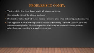 PROBLEMS IN COMFA
• The force field functions do not model all interaction types•
• Show singularities at the atomic positions•
• Deliberately defined cut-off values needed• Contour plots often not contiguously connected
• New approach: CoMSIA (Comparative Molecular Similarity Indices)• Does not calculate
interaction energies but distance-dependent similarity indices (similarity of probe to
molecule atoms) resulting in smooth contour plot.
 
