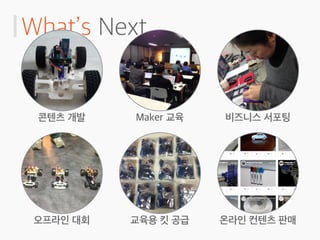 What’s Next
콘텐츠 개발 Maker 교육
교육용 킷 공급 온라인 컨텐츠 판매
비즈니스 서포팅
오프라인 대회
 