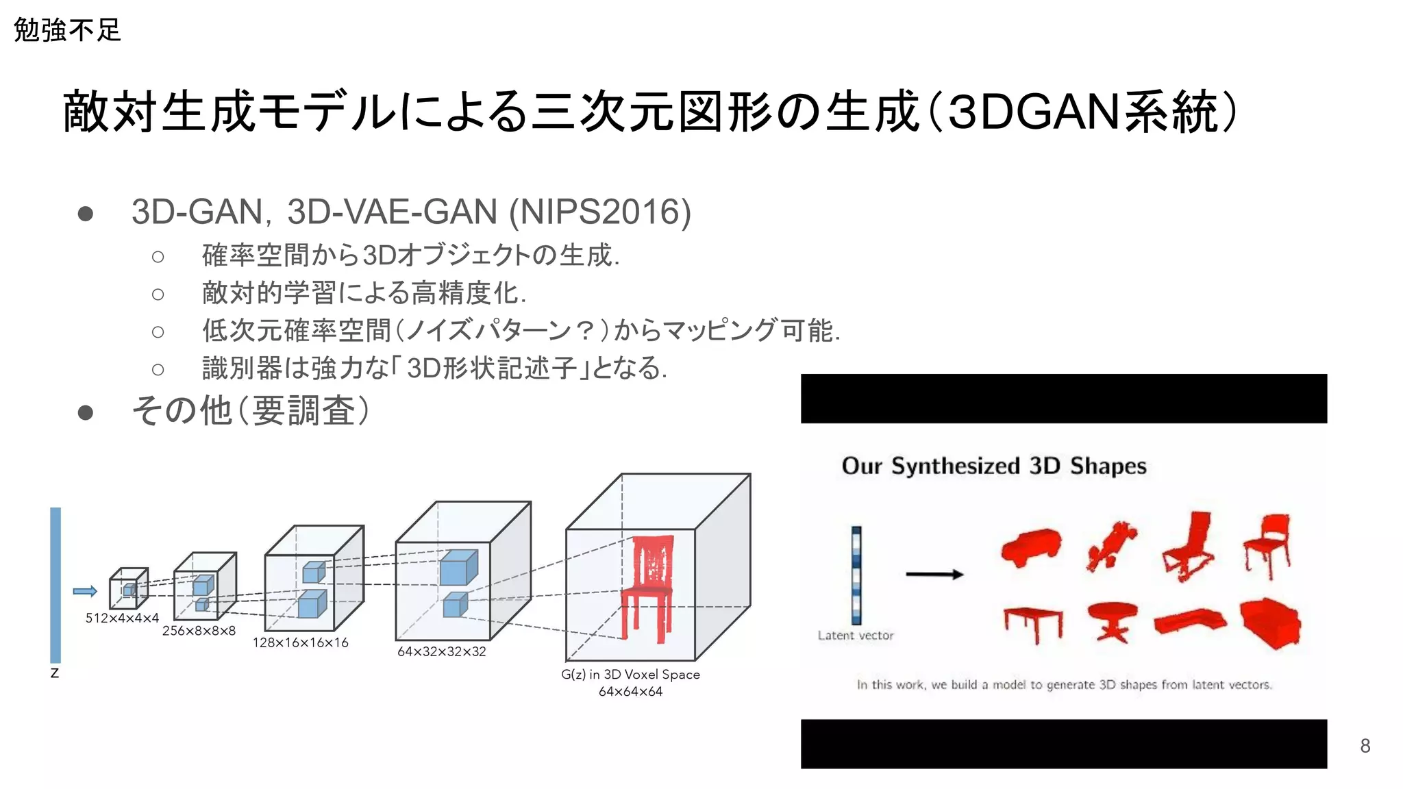 敵対生成モデルによる三次元図形の生成（３DGAN系統）
● 3D-GAN，3D-VAE-GAN (NIPS2016)
○ 確率空間から3Dオブジェクトの生成．
○ 敵対的学習による高精度化．
○ 低次元確率空間（ノイズパターン？）からマッピング可能．
○ 識別器は強力な「3D形状記述子」となる．
● その他（要調査）
8
勉強不足
 
