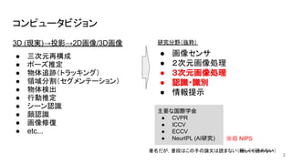コンピュータビジョン
3D (現実)→投影→2D画像/3D画像
● 三次元再構成
● ポーズ推定
● 物体追跡（トラッキング）
● 領域分割（セグメンテーション）
● 物体検出
● 行動推定
● シーン認識
● 顔認識
● 画像修復
● etc...
2
● 画像センサ
● ２次元画像処理
● ３次元画像処理
● 認識・識別
● 情報提示
主要な国際学会
● CVPR
● ICCV
● ECCV
● NeurIPL (AI研究) ※旧 NIPS
著名だが，普段はこの手の論文は読まない（難しくて読めない）
研究分野（抜粋）
 