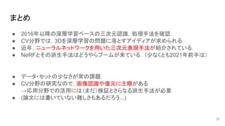 まとめ
● 2016年以降の深層学習ベースの三次元認識，処理手法を確認．
● CV分野では，3Dを深層学習の問題に落とすアイディアが求められる．
● 近年，ニューラルネットワークを用いた三次元表現手法が紹介されている．
● NeRFとその派生手法はどうやらブームが来ている．（少なくとも2021年前半は）
● データ・セットの少なさが常の課題．
● CV分野の研究なので，画像認識や復元に主眼がある
→応用分野での活用には（まだ）検証とさらなる派生手法が必要
● (論文には書いていない難しさもあるだろう...)
31
 
