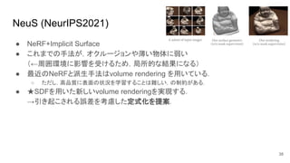 NeuS (NeurIPS2021)
● NeRF+Implicit Surface
● これまでの手法が，オクルージョンや薄い物体に弱い
（←周囲環境に影響を受けるため，局所的な結果になる）
● 最近のNeRFと派生手法はvolume rendering を用いている．
○ ただし，高品質に表面の状況を学習することは難しい，の制約がある．
● ★SDFを用いた新しいvolume renderingを実現する．
→引き起こされる誤差を考慮した定式化を提案．
38
 