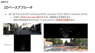 2Dベースアプローチ
● 例：3D YOLO (ECCV workshop 2018), Complex YOLO (ECCV workshop 2018)
○ 点群からBird’s eye view (BEV)を生成←俯瞰視点の情報を含む
○ 既存の物体検出手法（YOLO, Faster-RCNN）に空間的な認識を追加．
7
読解不足
 