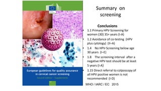 Summary on
screening
Conclusions
• 1.1 Primary HPV-Screening for
women (30) 35+ years (I-A)
• 1.2 Avoidance of co-testing (HPV
plus cytology) (II–A)
• 1.4 No HPV-Screening below age
30 years (I–E)
• 1.8 The screening interval after a
negative HPV-test should be at least
5 years (I-A)
• 1.15 Direct referral to colposcopy of
all HPV positive women is not
recommended (I-D)
036
WHO / IARC / EC 2015
 