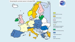 1
29
2
3
4
5
6
78
9 10
13
16
17
19
20
12
11
21
Screening for cervical cancer in Europe 2018
Pap screening programs
Nationwide HPV screening
Organised HPV screening
in progress
„Wild“ Pap screening
Regional HPV screening
Organised recall Pap Screening
Political decision for organised
HPV Screening (co-testing)
 