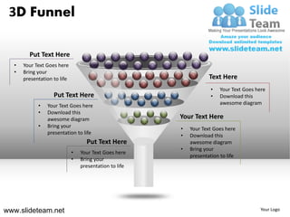 3D Funnel

        Put Text Here
  •   Your Text Goes here
  •   Bring your
      presentation to life                                          Text Here
                                                                     •   Your Text Goes here
                   Put Text Here                                     •   Download this
            •   Your Text Goes here                                      awesome diagram
            •   Download this
                awesome diagram                         Your Text Here
            •   Bring your
                                                        •   Your Text Goes here
                presentation to life
                                                        •   Download this
                                   Put Text Here            awesome diagram
                                                        •   Bring your
                             •   Your Text Goes here
                                                            presentation to life
                             •   Bring your
                                 presentation to life




www.slideteam.net                                                                         Your Logo
 