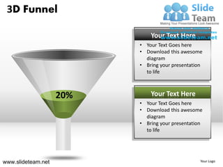 3D Funnel

                              Your Text Here
                          • Your Text Goes here
                          • Download this awesome
                            diagram
                          • Bring your presentation
                            to life



                    20%       Your Text Here
                          • Your Text Goes here
                          • Download this awesome
                            diagram
                          • Bring your presentation
                            to life




www.slideteam.net                                 Your Logo
 