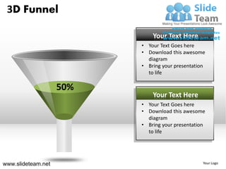 3D Funnel

                              Your Text Here
                          • Your Text Goes here
                          • Download this awesome
                            diagram
                          • Bring your presentation
                            to life

                    50%
                              Your Text Here
                          • Your Text Goes here
                          • Download this awesome
                            diagram
                          • Bring your presentation
                            to life




www.slideteam.net                                 Your Logo
 