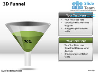 3D Funnel

                              Your Text Here
                          • Your Text Goes here
                          • Download this awesome
                            diagram
                          • Bring your presentation
                            to life



                    70%       Your Text Here
                          • Your Text Goes here
                          • Download this awesome
                            diagram
                          • Bring your presentation
                            to life




www.slideteam.net                                 Your Logo
 