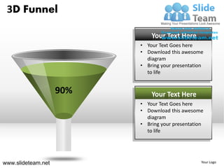 3D Funnel

                              Your Text Here
                          • Your Text Goes here
                          • Download this awesome
                            diagram
                          • Bring your presentation
                            to life


                    90%       Your Text Here
                          • Your Text Goes here
                          • Download this awesome
                            diagram
                          • Bring your presentation
                            to life




www.slideteam.net                                 Your Logo
 