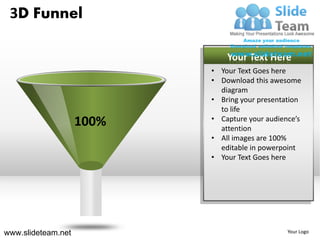 3D Funnel

                               Your Text Here
                           • Your Text Goes here
                           • Download this awesome
                             diagram
                           • Bring your presentation
                             to life
                           • Capture your audience’s
                    100%     attention
                           • All images are 100%
                             editable in powerpoint
                           • Your Text Goes here




www.slideteam.net                               Your Logo
 