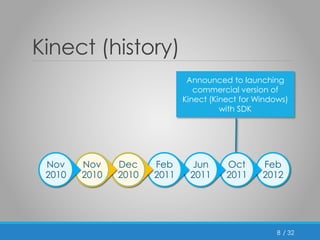 Feb 
2012 
/ 32 
Kinect (history) 
8 
Oct 
2011 
Jun 
2011 
Feb 
2011 
Dec 
2010 
Nov 
2010 
Nov 
2010 
Announced to launching 
commercial version of 
Kinect (Kinect for Windows) 
with SDK 
 