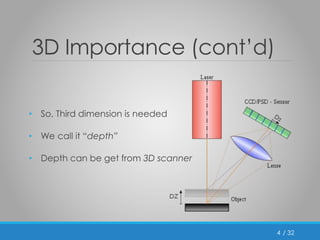 / 32 
3D Importance (cont’d) 
• So, Third dimension is needed 
• We call it “depth” 
• Depth can be get from 3D scanner 
4 
 