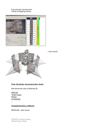 Full automatic reconstruction
Taking overlapping pictures




                                     – how it works




Free 3d photo reconstruction tools

New democratic way of obtaining 3D

ARC3D
123D Catch
PHOV
HYPER3D
…

Complementary software

MESHLAB – open source




HOWEST summer-classes
3Dscanning by 3Digit
 