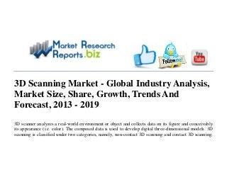 3D Scanning Market - Global Industry Analysis,
Market Size, Share, Growth, Trends And
Forecast, 2013 - 2019
3D scanner analyzes a real-world environment or object and collects data on its figure and conceivably
its appearance (i.e. color). The composed data is used to develop digital three-dimensional models. 3D
scanning is classified under two categories, namely, non-contact 3D scanning and contact 3D scanning.
 