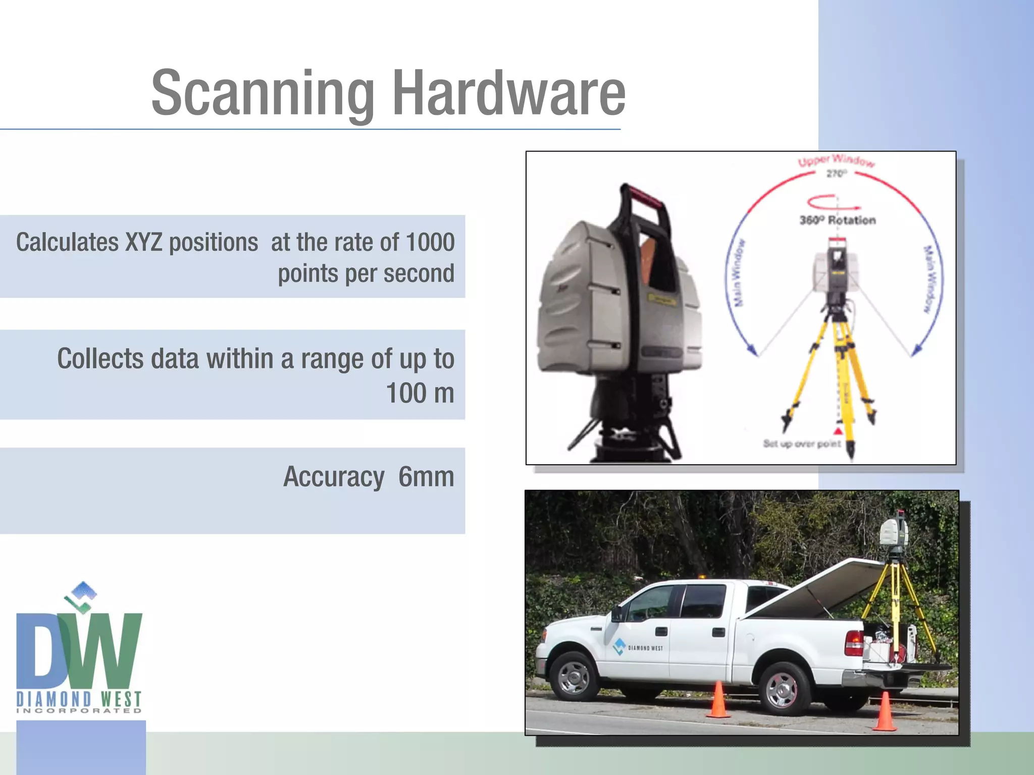 Scanning Hardware

Calculates XYZ positions at the rate of 1000
                          points per second


    Collects data within a range of up to
                                  100 m

                          Accuracy 6mm
 