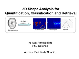 3D Shape Analysis for
Quantification, Classification and Retrieval
Indriyati Atmosukarto
PhD Defense
Advisor: Prof Linda Shapiro
3D mesh object 2D salient map
3D Shape
Analysis
2D histogram GP tree
 