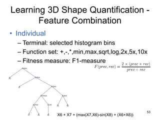 53
Learning 3D Shape Quantification -
Feature Combination
• Individual
– Terminal: selected histogram bins
– Function set:...